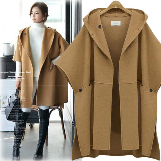 Hooded Lapel Bat-wing Sleeves Mid-length Woolen Coat