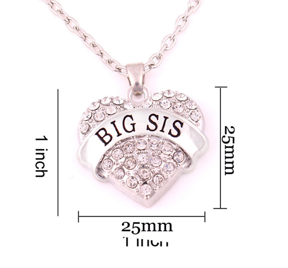 BIG SIS Print Heart-Shaped Crystal Pendant Jewelry Necklace 