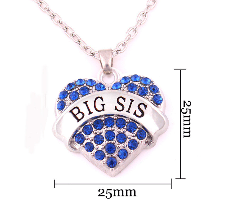 BIG SIS Print Heart-Shaped Crystal Pendant Jewelry Necklace 
