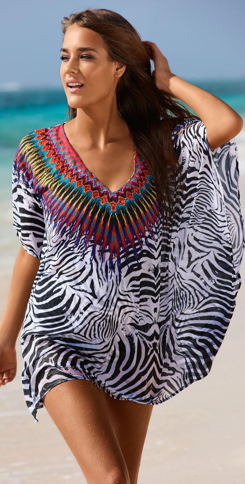 Sexy Zebra-Stripe Printed Bikini Beach Cover Up Dress