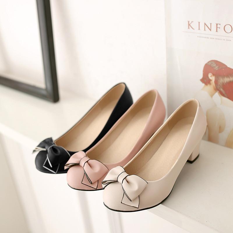 Sweet Bowknot Round Head Heels Shoes