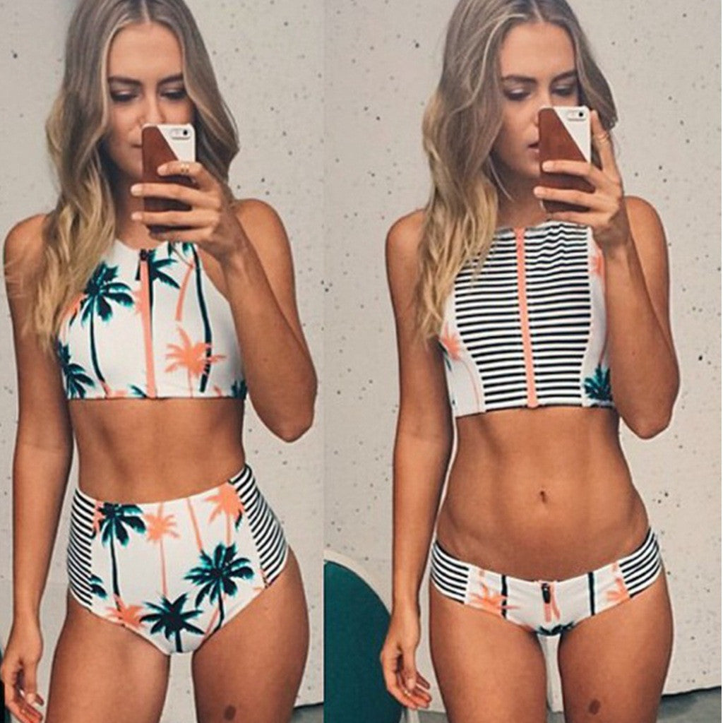 High Waist Flower Print Zipper Bikini Set Swimwear - May Your Fashion - 1