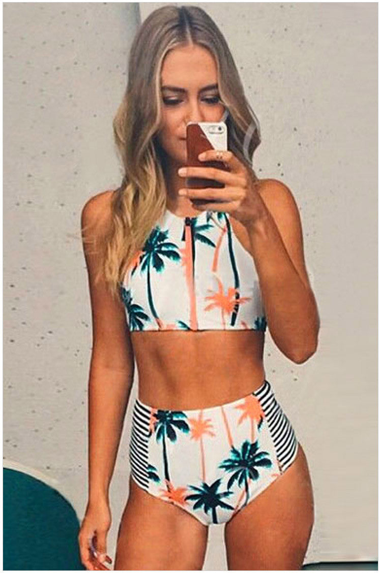 High Waist Flower Print Zipper Bikini Set Swimwear - May Your Fashion - 2