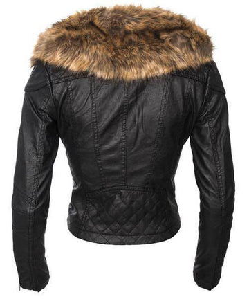 Black Faux Fur Collar Oblique Zipper Crop PU Jacket - May Your Fashion - 2