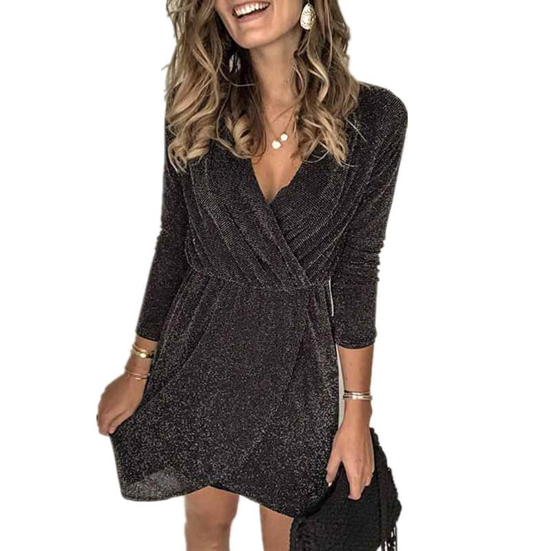 Party Long Sleeve Sequin V Neck Irregular Dress