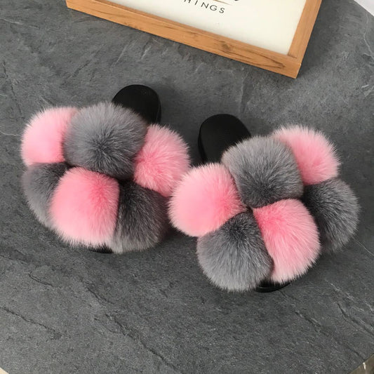 Color Matching Large Fur Real Natural Fox Fur Slides Colorful Fluffy Fur Slides Sandals Slippers Fashion Women Shoes