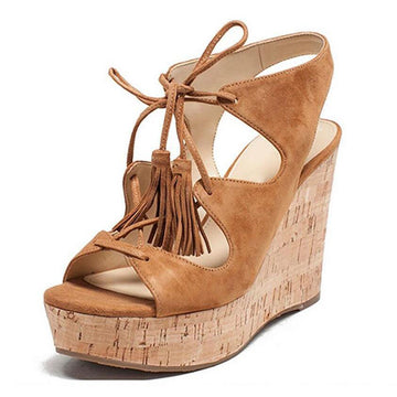 Tassels Suede Lace-up Open Toe Platform Wedge Sandals