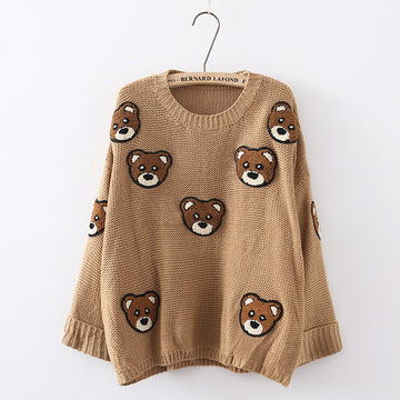 Bear Print Scoop Pullover Loose Knit Sweater - May Your Fashion - 2