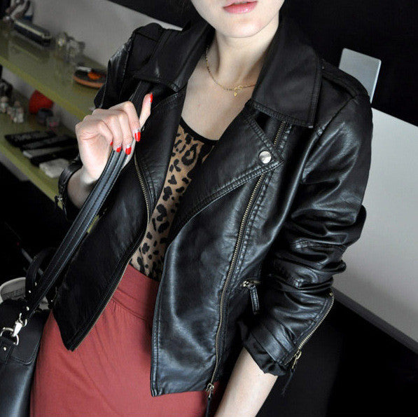 Women Black Zipper Moto Crop Slim Jacket - May Your Fashion - 3