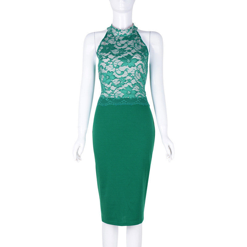 Sexy Sleeveless Lace Patchwork Bodycon Knee-Length Pencil Dress