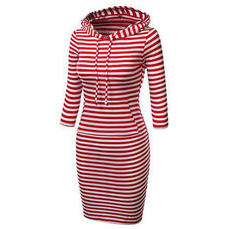 Hooded Mid-Calf Striped Slim Fashion Sweat Dress - May Your Fashion - 5