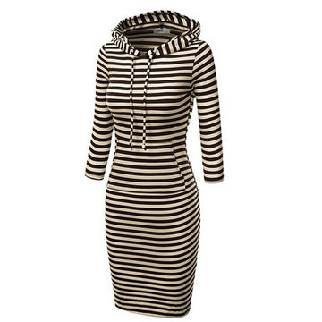Hooded Mid-Calf Striped Slim Fashion Sweat Dress - May Your Fashion - 1