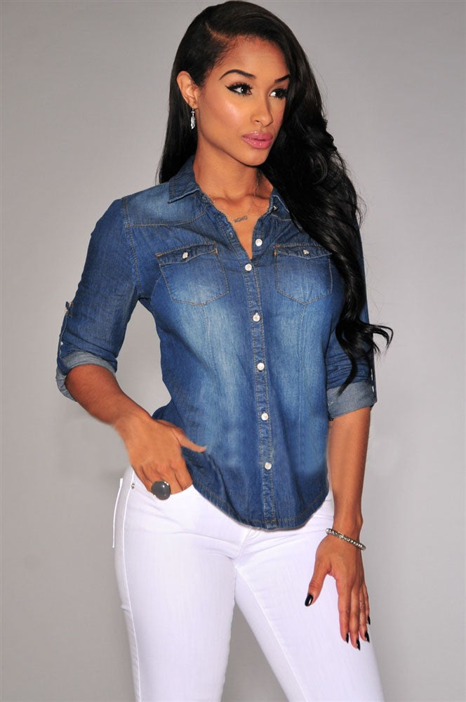 Retro Turn-down Collar Slim Long Sleeves Denim Blouse