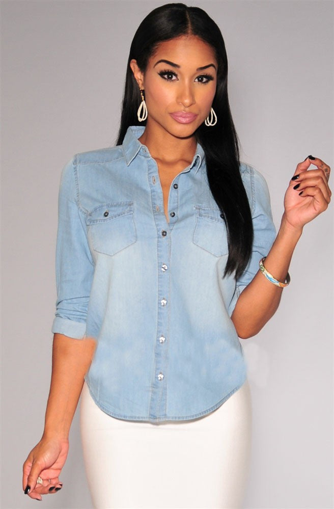 Retro Turn-down Collar Slim Long Sleeves Denim Blouse