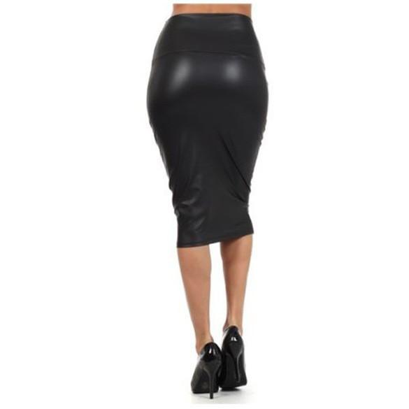Faux Leather Pure Color Elastic Bodycon Pencil Skirt