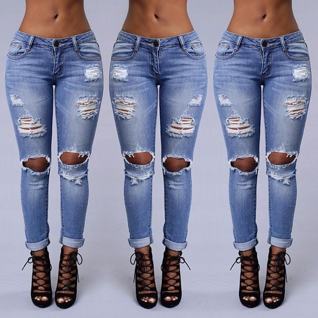 Low Waist Holes Ripped Elastic Straight Skinny Jeans