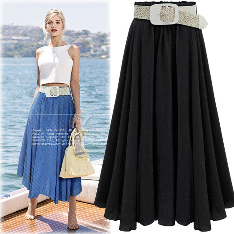 Pleated Solid Slim Belt Cotton Long Skirt - May Your Fashion - 5