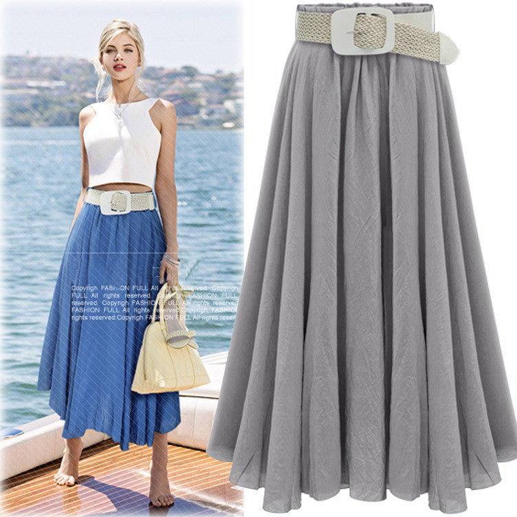Pleated Solid Slim Belt Cotton Long Skirt - May Your Fashion - 3