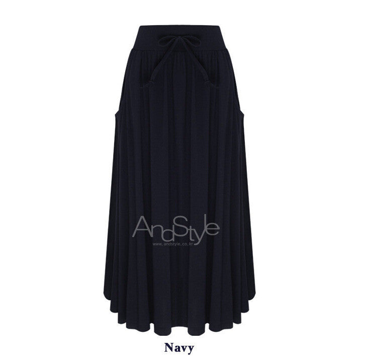 Bowknot Solid Side Pockets Pleated Long Skirt - May Your Fashion - 3