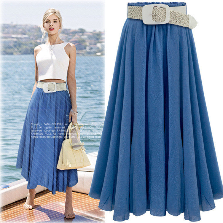 Pleated Solid Slim Belt Cotton Long Skirt - May Your Fashion - 2