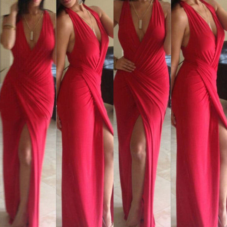 Sexy Red V Neck Long Splitting Dress