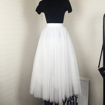 High Waist Pure Color Mesh Pleated Long Skirt