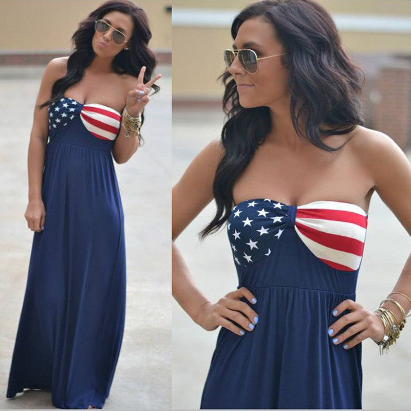 Strapless American Flag Print Long Dress - May Your Fashion - 2