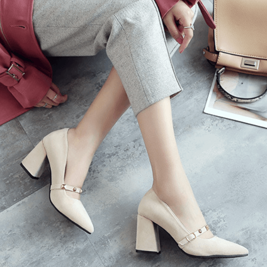 Suede Buckle Pointed Toe Prom Chunky High Heels