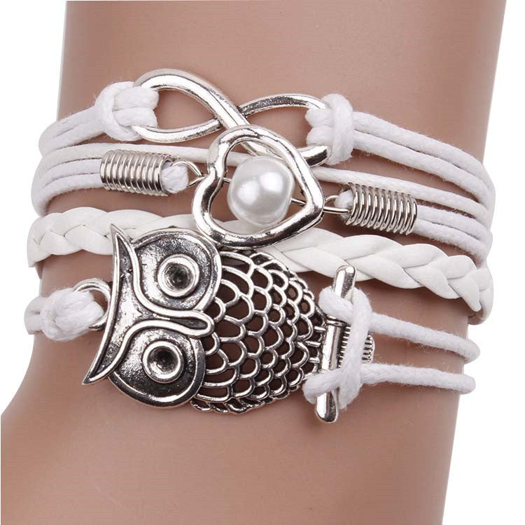 Hollow Out Owl Multilayers Leather Cord Bracelet