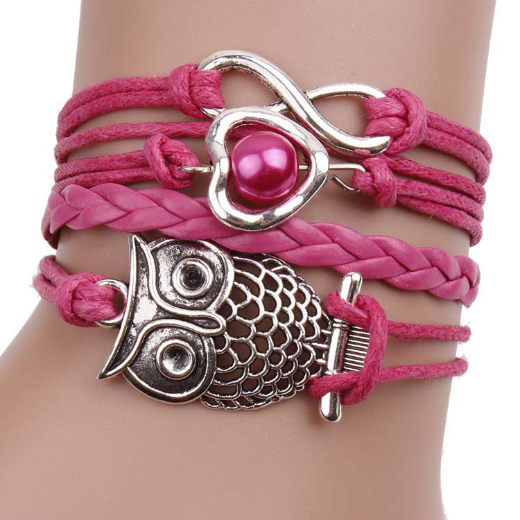 Hollow Out Owl Multilayers Leather Cord Bracelet