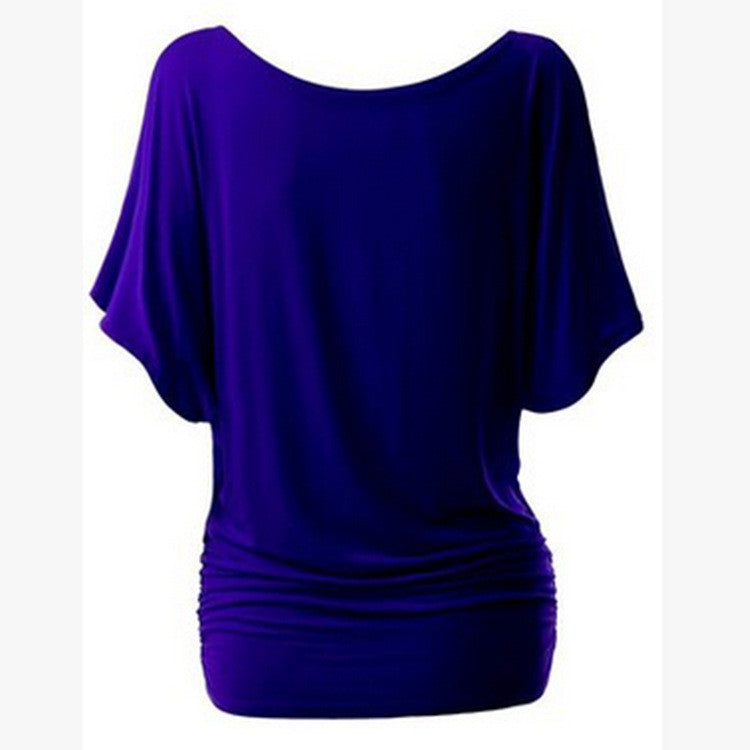 Pure Color Bat-wing Sleeves Scoop Bodycon Sexy T-shirt - May Your Fashion - 6