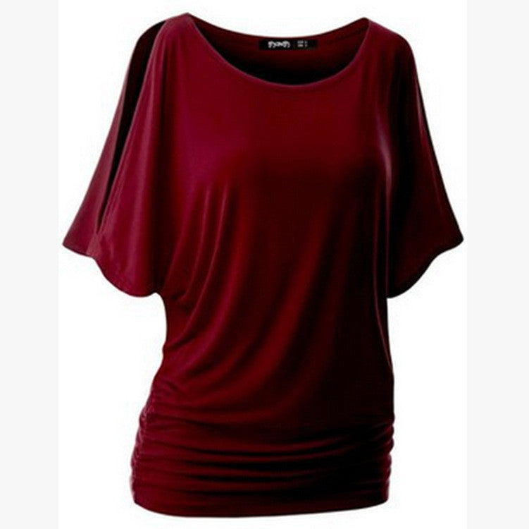 Pure Color Bat-wing Sleeves Scoop Bodycon Sexy T-shirt - May Your Fashion - 10