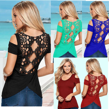 Hollow Out Lace Patchwork Irregular Scoop Sexy T-shirt - Meet Yours Fashion - 1