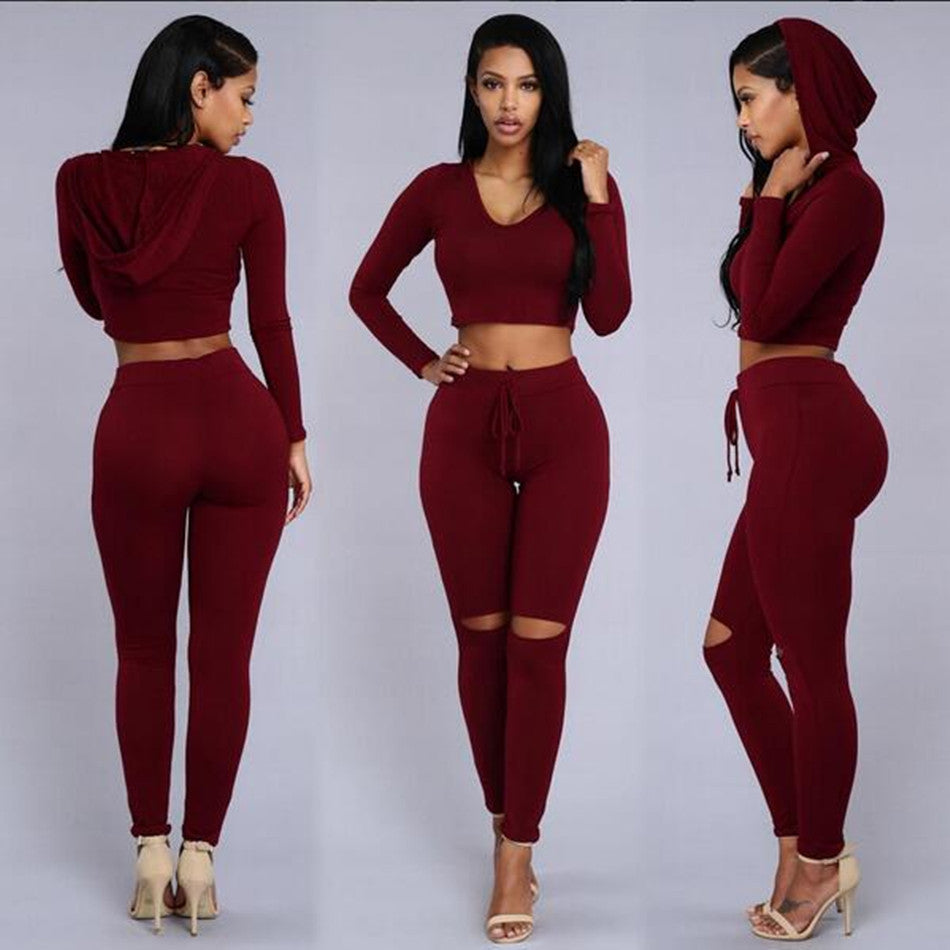 Pure Color Hole Hat Crop Top with Skinny Pants Two Pieces Set