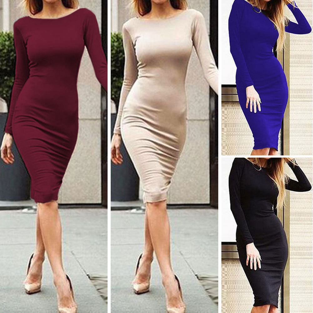 Pure Color Slim Backless Long Sleeve Long Dress - May Your Fashion - 8