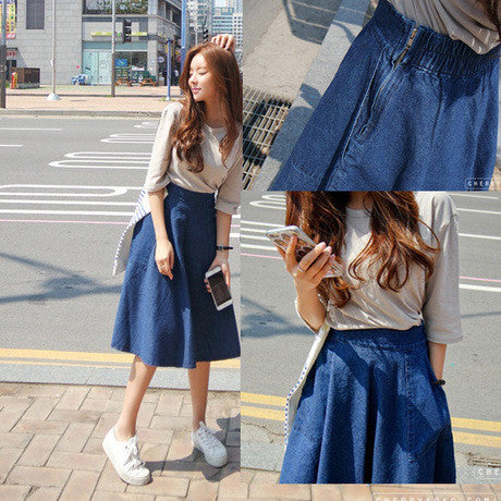 A-line Flared Pleated Slim Denim Middle Skirt - May Your Fashion - 2