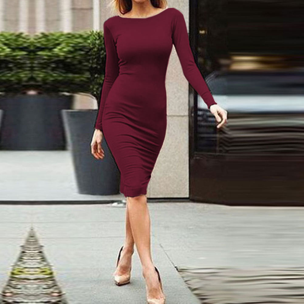 Pure Color Slim Backless Long Sleeve Long Dress - May Your Fashion - 7