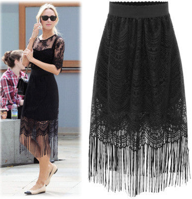 Lace Tassel Solid Bodycon Slim Long Skirt - May Your Fashion - 2