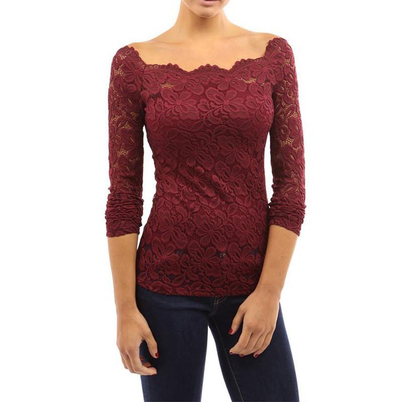 Off-shoulder Lace Hollow Out Long Sleeves Slim Blouse