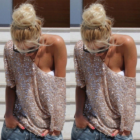 1/2 Sleeves Sequin Casual Loose Sexy Club Blouse - May Your Fashion - 1
