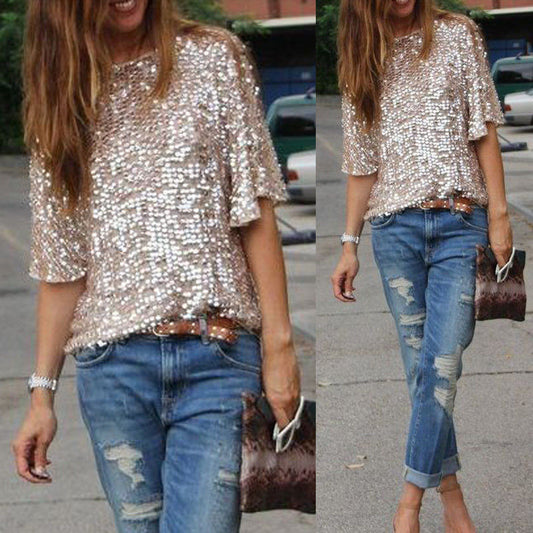 1/2 Sleeves Sequin Casual Loose Sexy Club Blouse - May Your Fashion - 2