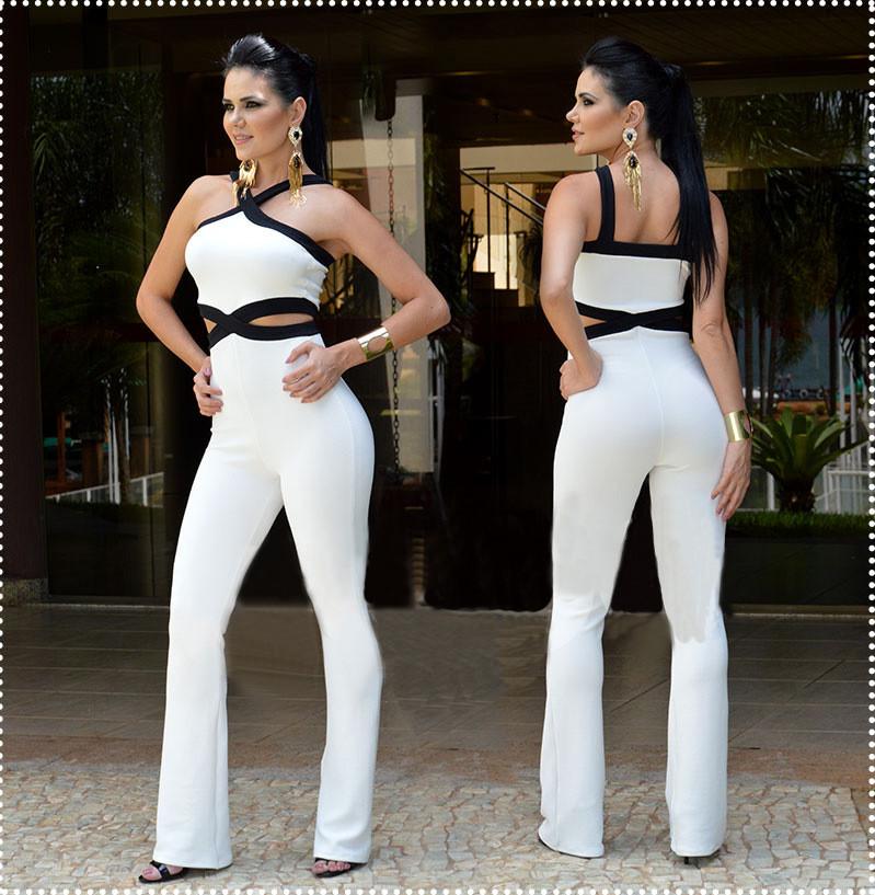 Sexy Contrast Color Bandage Flared Leg Long Jumpsuit