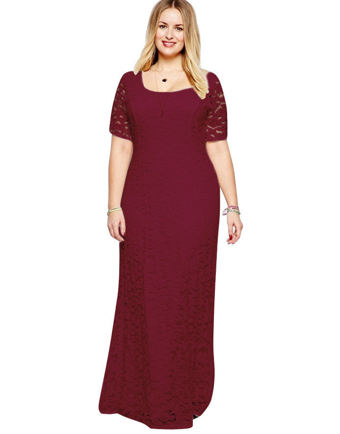 Plus Size Elegant Short Sleeve Lace Long Dress