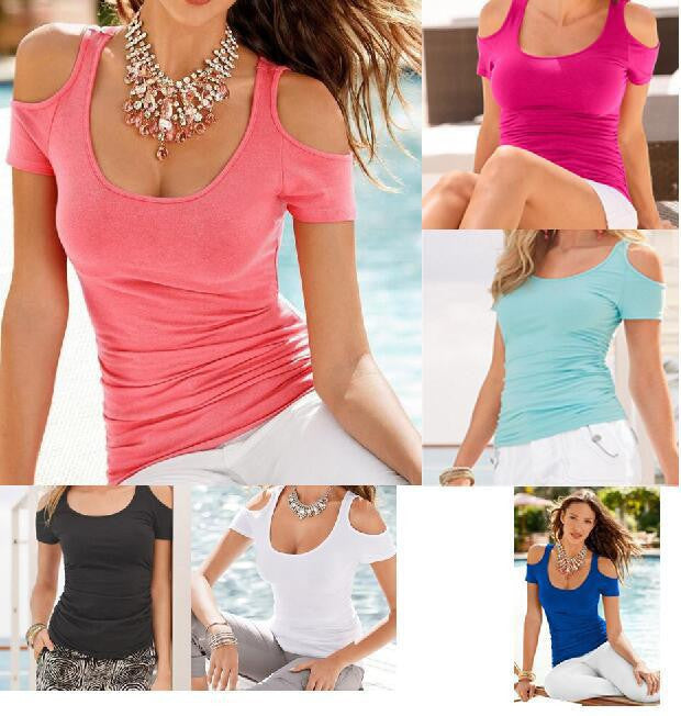 Scoop Sexy Shoulder Out Short Sleeves Slim Pure Color Blouse
