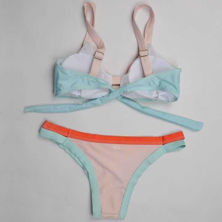 Colors Patchwork Spaghetti Strap Low Waist Bikini Set Swimwear - Meet Yours Fashion - 5
