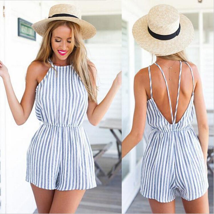 Spaghetti Strap Striped Sleeveless Backless Sexy Beach Jumpsuits - Meet Yours Fashion - 1