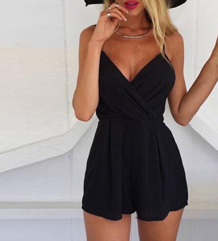 Pure Color Spaghetti Strap V-neck Sleeveless Short Jumpsuit - Meet Yours Fashion - 4