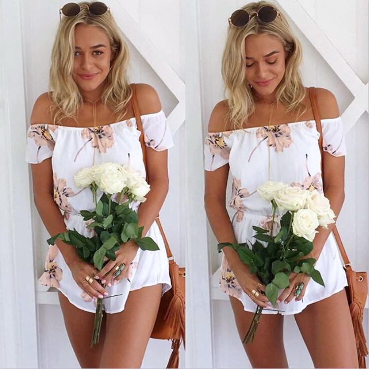 Strapless Off-shoulder Flower Print Short Sleeves Jumpsuits - Meet Yours Fashion - 2