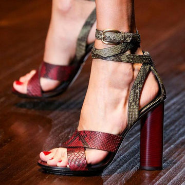 Snake-Grain Pattern Straps Cross Ankle Wrap High Chunky Heels Sandals