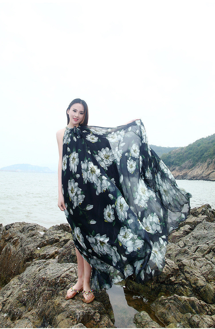 High-waist High-neck Print Ball Gown Long Beach Dress - May Your Fashion - 10